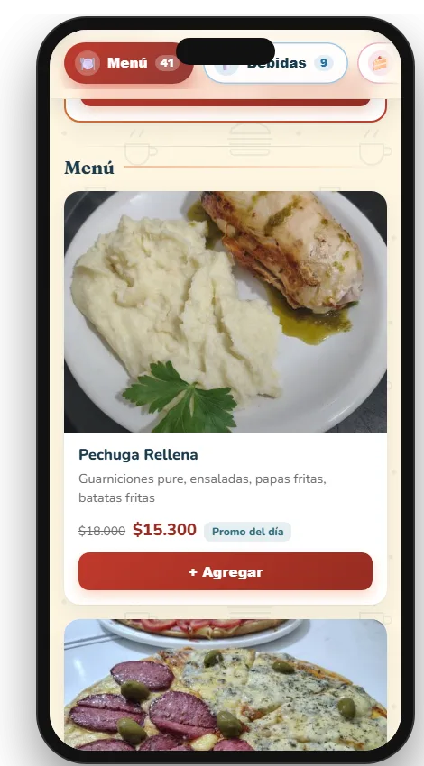 Lista de platos con foto, precio, etiquetas y botón Agregar