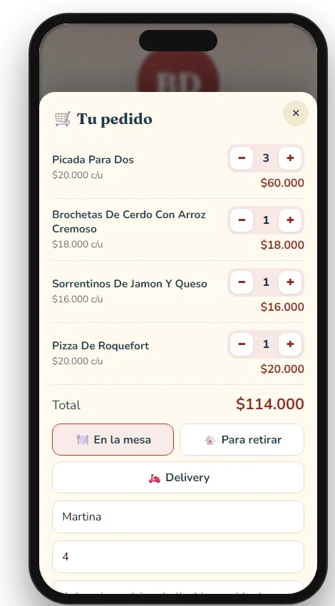 Pantalla de confirmación del pedido con forma de pago