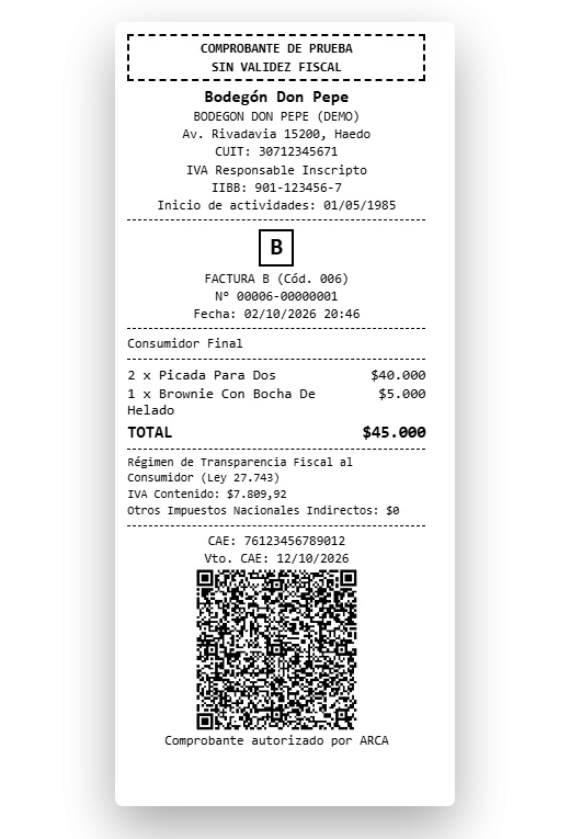 Ticket de factura electrónica AFIP con CAE y código QR