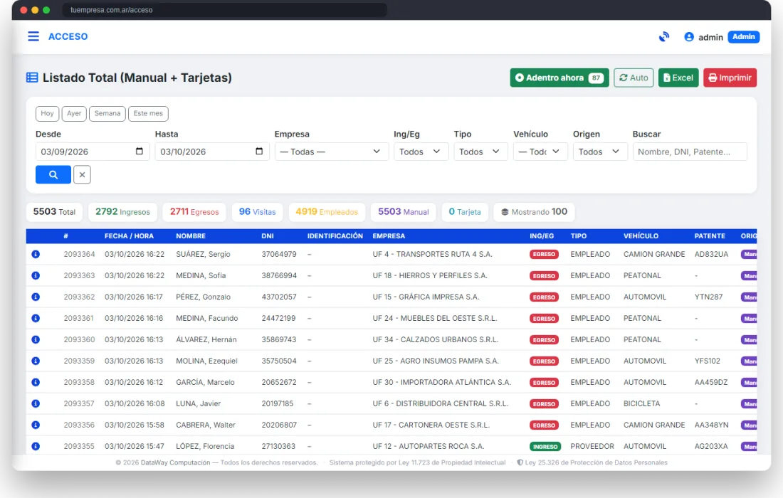 Listado total de movimientos con filtros y exportación a Excel
