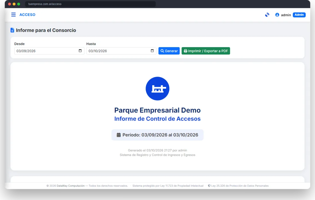 Informe de control de accesos para el consorcio