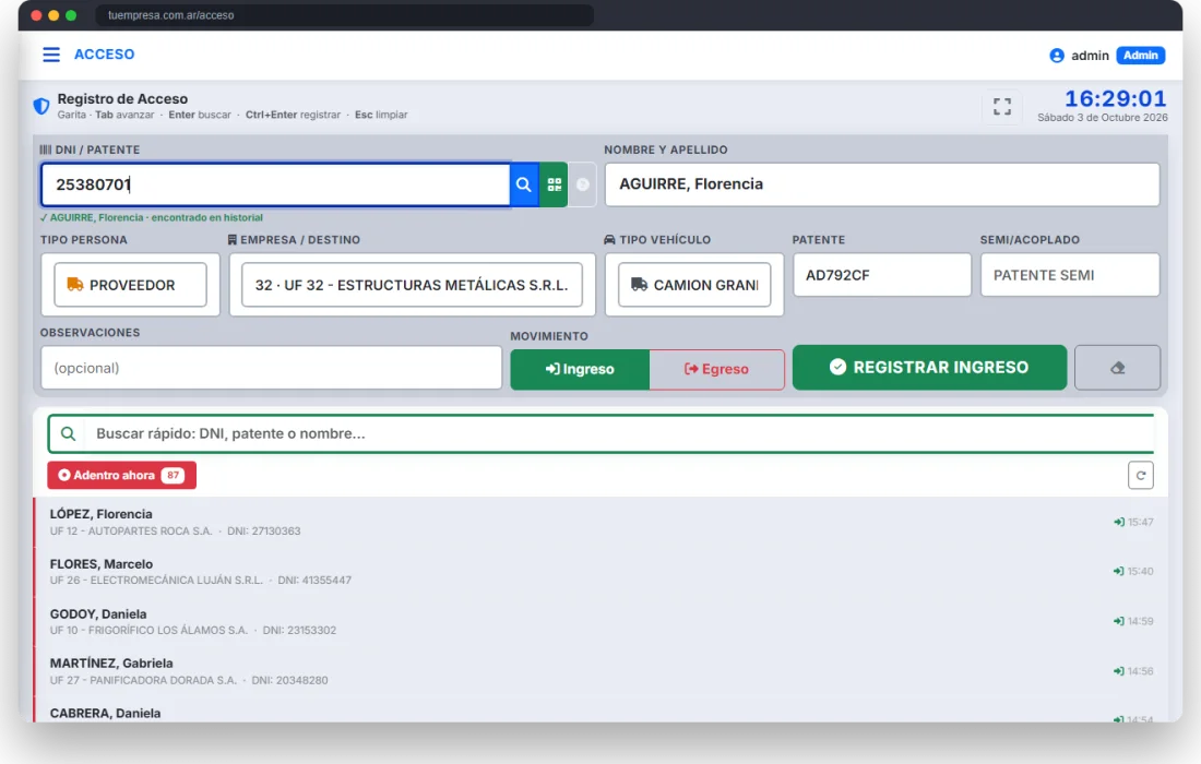 Pantalla de registro de acceso con datos autocompletados