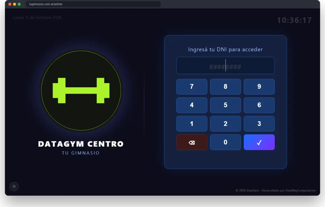 Panel de ingreso con teclado para DNI — captura real de DataGym